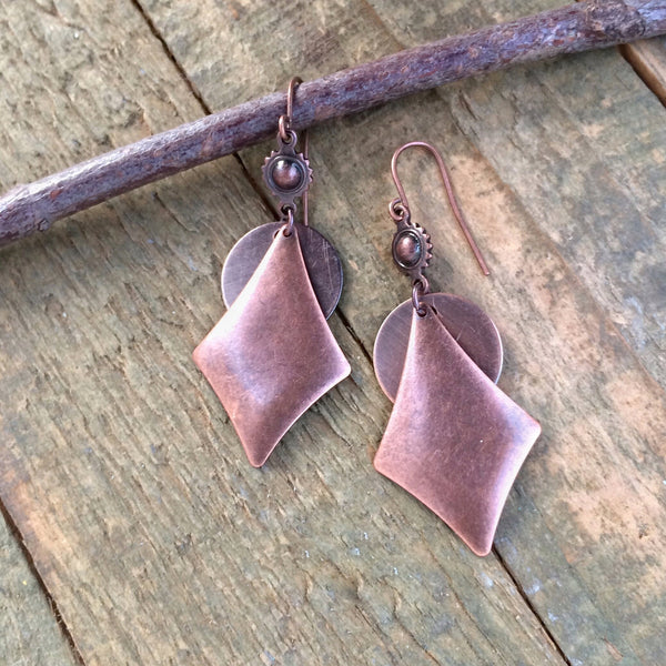 Copper Boho Dangle Earrings, Copper Geometric Jewelry, Antiqued Copper Jewelry, Southwestern Inspired Jewelry, Bohemian Copper Earrings