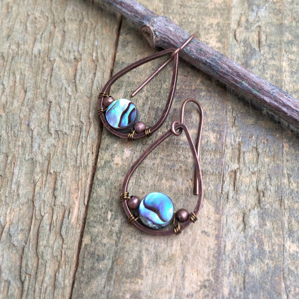 Small Abalone and Antiqued Copper Drop Earrings