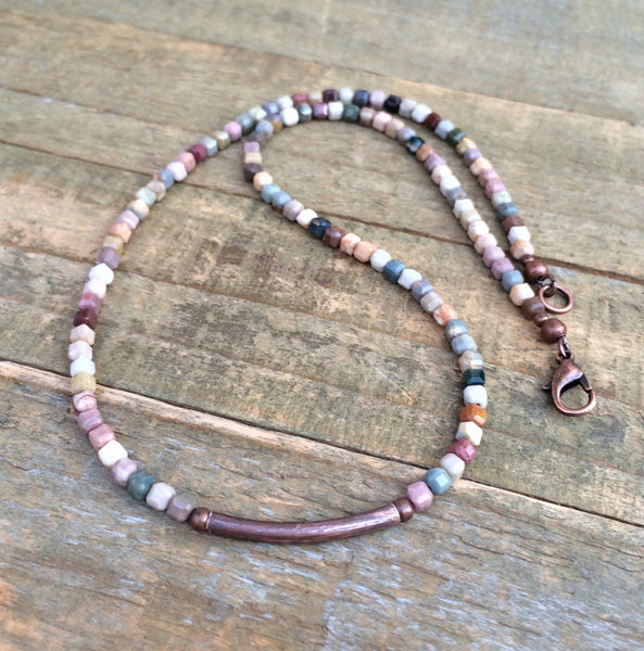 Colorful Agate Cube Necklace with Copper Czech Seed Beads