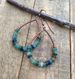 Roman Glass Hoop Earrings, Beaded Earrings, Ancient Glass Jewelry, Recycled Blue Green Glass Jewelry, History Lover Gift, Colorful Earrings
