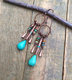 Kingman Turquoise and Copper Earrings, Copper Squash Blossom Chandelier Earrings