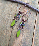 Green Czech Glass and Copper Earrings, Copper and Glass Chandelier Drop Earrings
