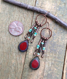 Red Czech Glass and Turquoise Dangle Earrings, Boho Dangle Earrings, Western Chandelier Drop Earrings, Red Glass and Turquoise Jewelry