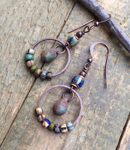 Colorful Glass Earrings, Boho Dangle Earrings, Copper and Glass Drop Earrings