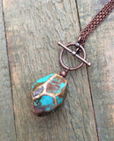 Long Turquoise Toggle Necklace, Adjustable Necklace with Turquoise Pendant, Long Copper Chain Necklace, Geometric Turquoise Pendant