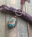 Long Turquoise Toggle Necklace, Adjustable Necklace with Turquoise Pendant, Long Copper Chain Necklace, Geometric Turquoise Pendant