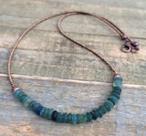 Blue Green Roman Glass Beaded Necklace with Copper Accents