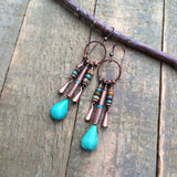 Kingman Turquoise and Copper Earrings, Copper Squash Blossom Chandelier Earrings