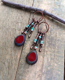 Red Czech Glass and Turquoise Dangle Earrings, Boho Dangle Earrings, Western Chandelier Drop Earrings, Red Glass and Turquoise Jewelry