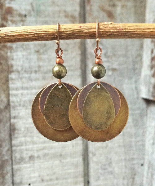 Mixed metal earrings, boho dangle earrings, geometric earrings, geometric jewelry, boho jewelry, bohemian earrings, mixed metal jewelry