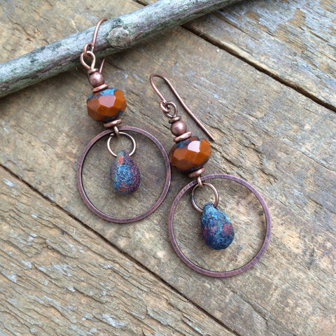 Small Burnt Orange Earrings with Copper Dangle Rings
