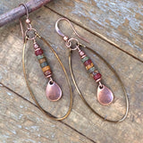 Dangle Boho Earrings, Hoop Earrings, Hammered Copper Hoop Earrings, Copper and Stone Jewelry
