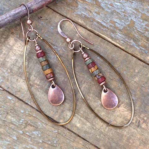 Dangle Boho Earrings, Hoop Earrings, Hammered Copper Hoop Earrings, Copper and Stone Jewelry