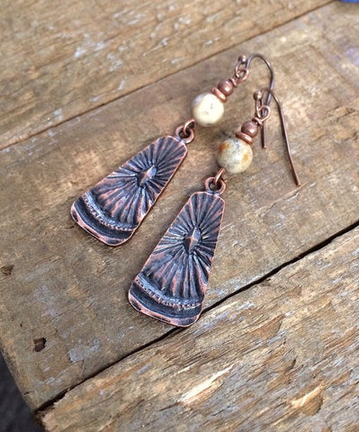 Mexican crazy lace agate stones with rustic, boho, antiques copper dangles.