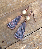 Mexican crazy lace agate stones with rustic, boho, antiques copper dangles.