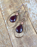Festive garnet red Czech glass teardrop and antiqued copper hoop earrings