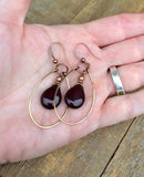 Festive garnet red Czech glass teardrop and antiqued copper hoop earrings