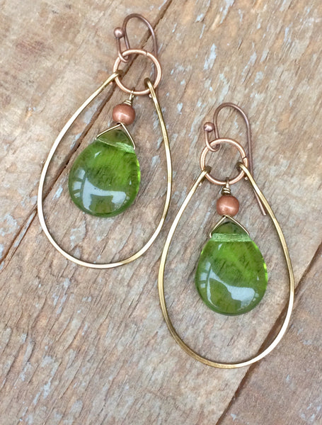 Green teardrop hoop earrings, green glass earrings with copper accents