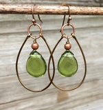 Green teardrop hoop earrings, green glass earrings with copper accents