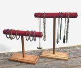Jewelry Display, Bracelet Stand, Necklace Holder, Necklace Stand, Jewelry Storage, Wooden T-Bar Jewelry Set, Red Velvet