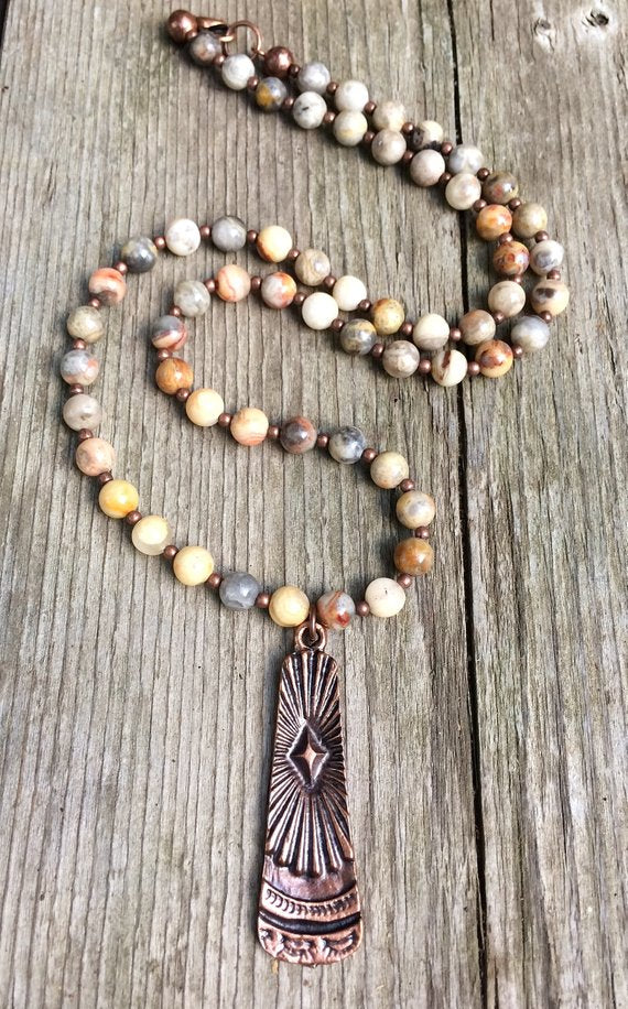 Long Stone Necklace, Bohemian Jewelry, Boho Necklace, Copper