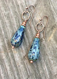 Blue dangle drop earrings, copper Czech glass earrings, copper jewelry