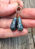 Blue dangle drop earrings, copper Czech glass earrings, copper jewelry
