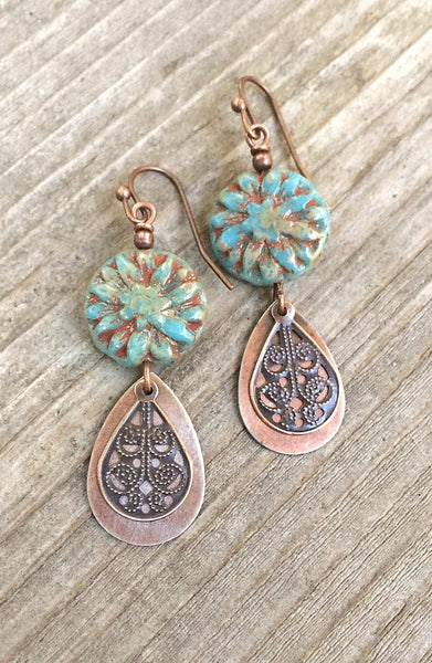 Blue Bohemian Earrings, Blue Flower Jewelry, Copper Earrings