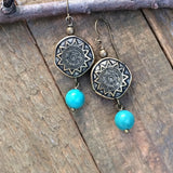 Antiqued Brass and Turquoise Sunburst Coin Dangle Earrings