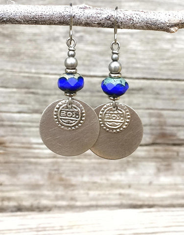 Cobalt Blue and Silver Dangle Earrings with Ethnic Coin Accent