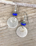 Cobalt Blue and Silver Dangle Earrings with Ethnic Coin Accent