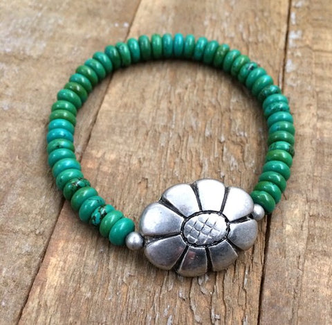green turquoise bead stretch bracelet, silver flower jewelry