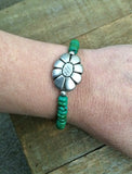 green turquoise bead stretch bracelet, silver flower jewelry