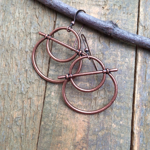Geometric Copper Hoop Earrings, Rustic Copper Jewelry