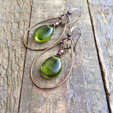 Green Czech Glass Teardrop Hoop Earrings