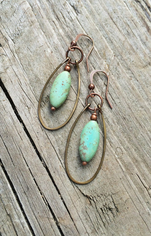 Green Turquoise and Copper Hammered Dangle Hoop Earrings