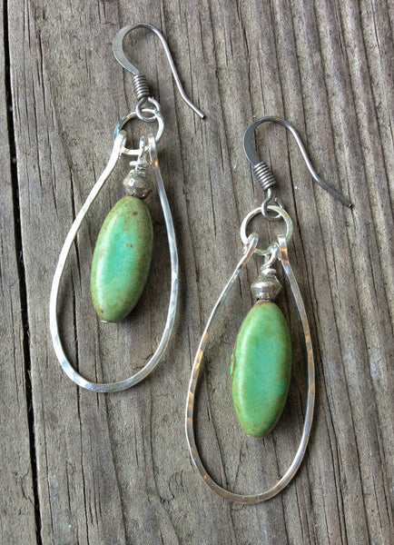Green Turquoise Drop Earrings with Hammered Silver Hoops