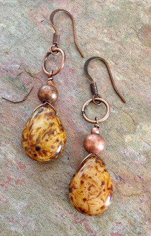 Mustard Yellow Teardrop Earrings with Antiqued Copper Accents