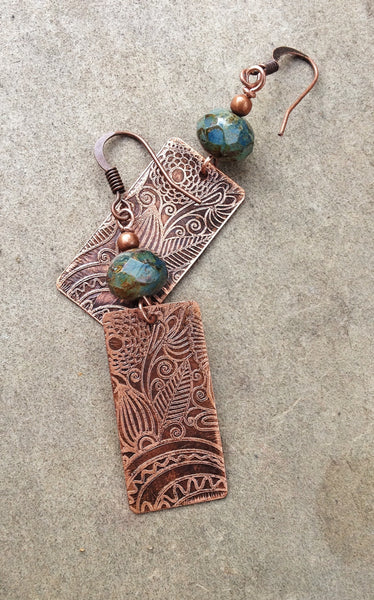 Floral Patterned Etched Copper Earrings with Green Blue Czech Glass
