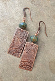 Floral Patterned Etched Copper Earrings with Green Blue Czech Glass