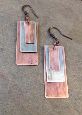geometric mixed metal copper silver earrings