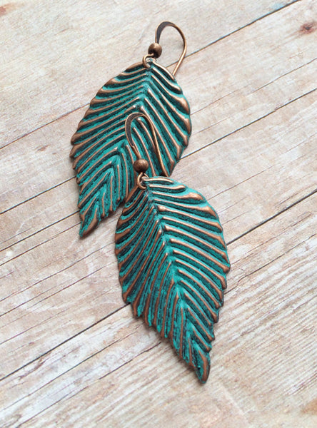 Patina Copper Leaf Earrings, Bridesmaid Gift Jewelry