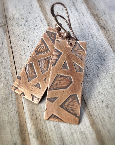 Geometric Etched Copper Rectangle Earrings