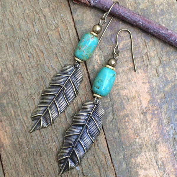 Natural Turquoise and Brass Feather Earring