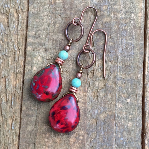 Red Czech Glass Teardrop With Turquoise Earring
