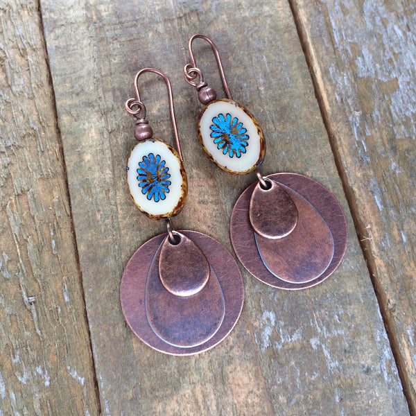 Antiqued Copper and Blue Starburst Earring
