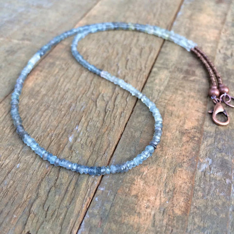 Thin Aquamarine Necklace, Aquamarine Laring Necklace with Copper Accents