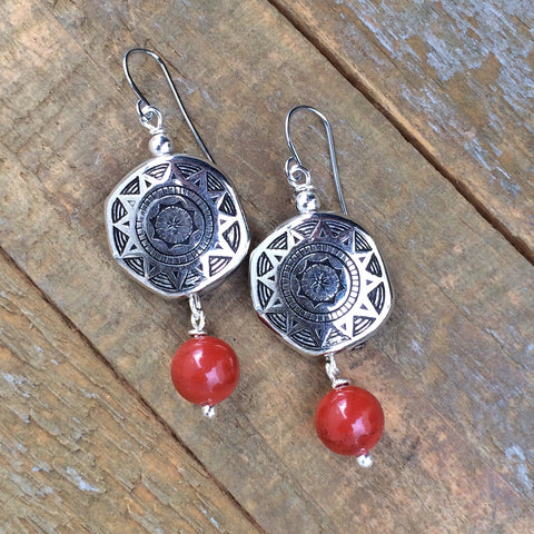 Red Agate Stone and Silver Southwestern Earring
