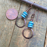 Artsy Blue Czech Glass Earrings with Hammered Copper Drop