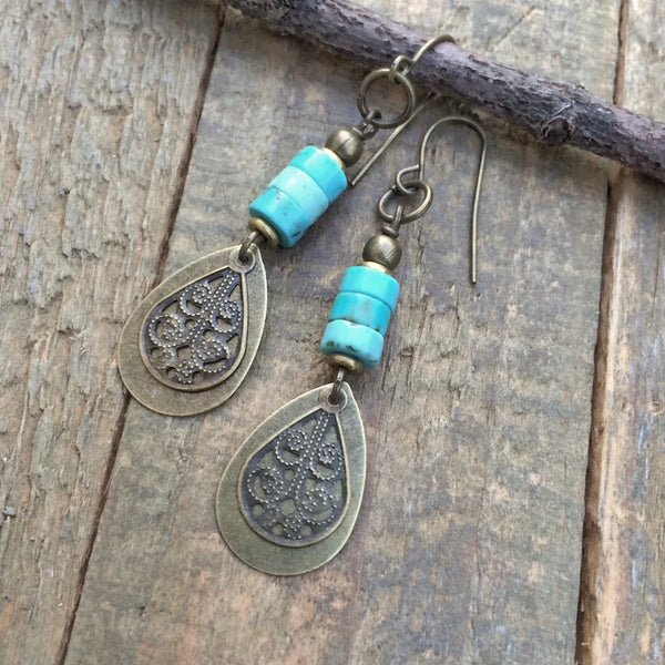 Natural Turquoise and Brass Drop Earring